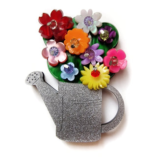 Watering can brooch with colorful flowers