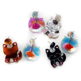 Kitty cat and bowl fish earrings 