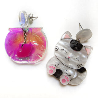 Kitty cat and bowl fish earrings 