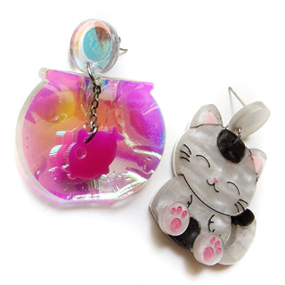 Kitty cat and bowl fish earrings 