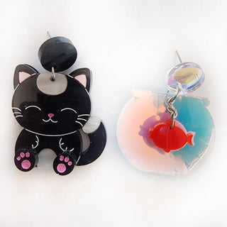 Kitty cat and bowl fish earrings 