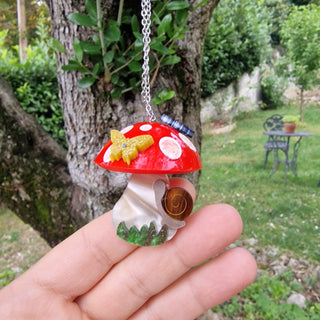 Mushrooms and butterfly long necklace