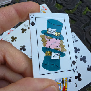Mad Hatter playing card brooch