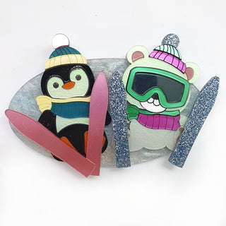 Skiers bear and pinguino brooch