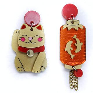 Fortune cat and Chinese lantern earrings 
